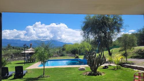 a view of a yard with a swimming pool at Cabaña Los Abuelos in Coronel Moldes