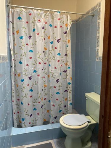 a bathroom with a toilet and a shower curtain at Casa Mafaldo in Iquitos