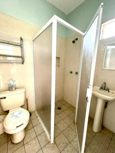 a bathroom with a shower and a toilet and a sink at Hotel Terraza Inn in Rincon de Guayabitos