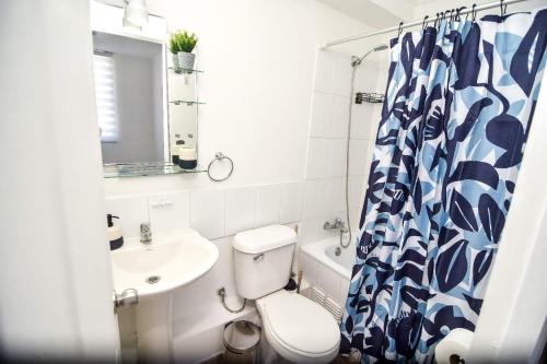 y baño con aseo, lavamanos y cortina de ducha. en Apartamento Altos del boldo, cómodo, en Curicó