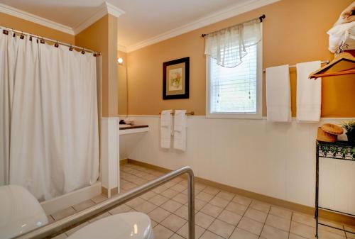 韋爾斯的住宿－Sea Mist Resort Motel，带淋浴和卫生间的浴室以及窗户。