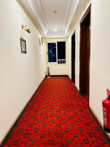 a hallway with a red carpet and a window at Queens Valley Hotel in Luxor