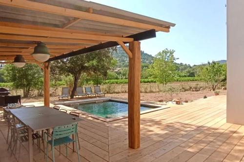 un patio avec une table et une piscine dans l'établissement Superbe Villa Cadre campagne, à Roquebrune-sur Argens