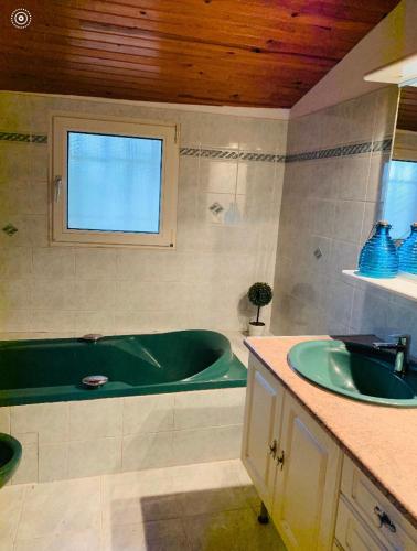 une salle de bain avec une baignoire verte et un lavabo dans l'établissement Villa de charme à Marina di fiori, à Porto-Vecchio