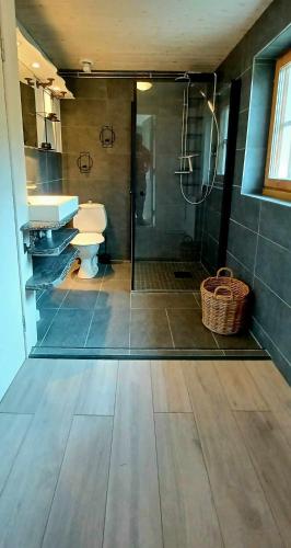 a bathroom with a shower and a toilet and a sink at Cozy studio near sea, forest and town in Brastad