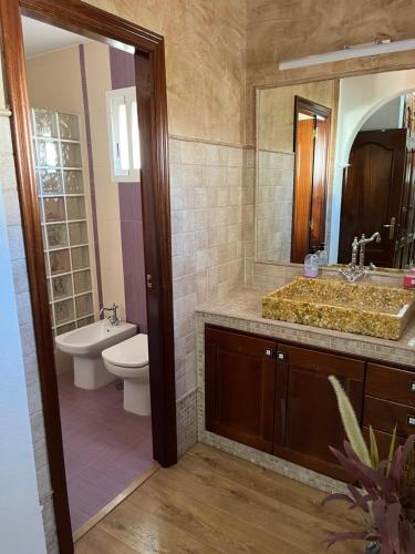 a bathroom with a sink and a toilet and a mirror at Casa con piscina cerca de Sevilla in Seville