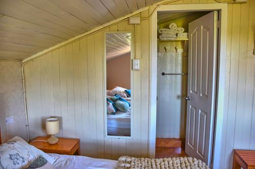 Zimmer mit einem Bett, einem Spiegel und einer Tür in der Unterkunft Hostal Triwe in Puerto Octay
