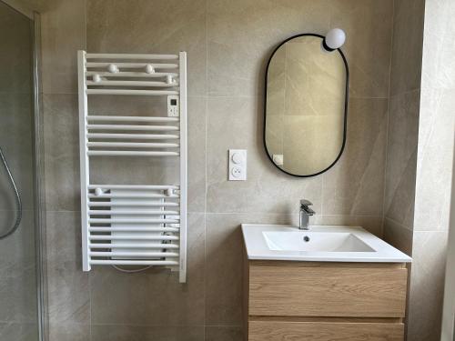 uma casa de banho com um lavatório e um espelho em Le Plaisance, Beuil Les Launes em Beuil