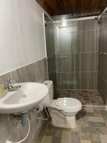 a bathroom with a sink and a toilet and a shower at Ancestral Casa de Campo in Roldanillo