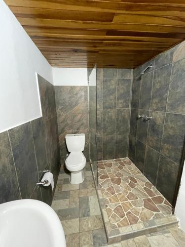 a bathroom with a toilet and a shower at Ancestral Casa de Campo in Roldanillo