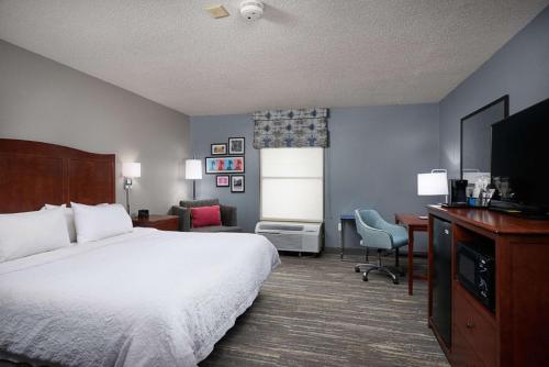 a hotel room with a bed and a desk and a television at Hampton Inn Beaumont in Beaumont