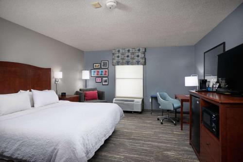 een hotelkamer met een bed, een bureau en een televisie bij Hampton Inn Beaumont in Beaumont