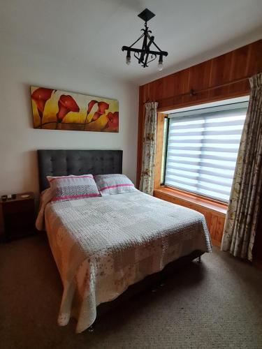 a bedroom with a bed and a window with a chandelier at Habitación con baño privado A in Villarrica