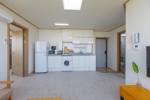 a kitchen with a refrigerator and a washer and dryer at BnSun Pension in Seogwipo