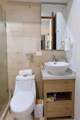 a bathroom with a white toilet and a sink at Stayon5a Av penthouse with PrivatePool in Playa del Carmen