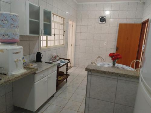uma cozinha com um lavatório e uma bancada em Casa da Cidóca em Olímpia