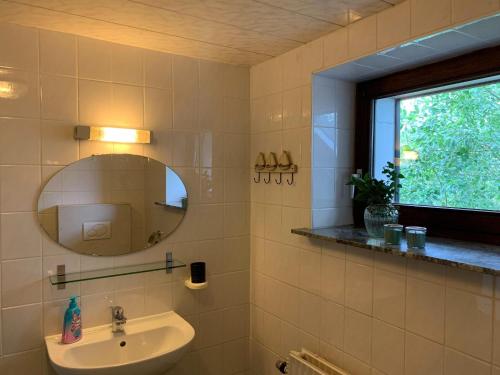 a bathroom with a sink and a mirror and a window at Holiday home for 8 people in the Belgian Ardennes in Bullange