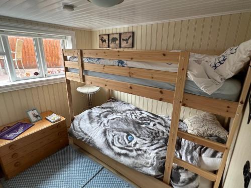 a bedroom with two bunk beds with a tiger blanket at Garður restored house in Stykkishólmur