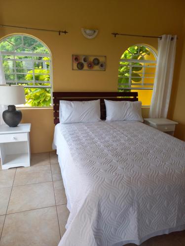 a bedroom with a large white bed with two windows at Bellevue hideaway in Gros Islet