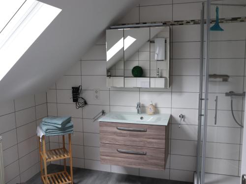 a bathroom with a sink and a shower at Fewo-rosenberger-sauerland in Lennestadt