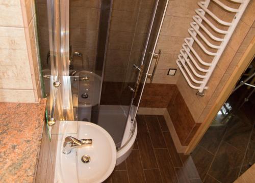 La salle de bains est pourvue de toilettes, d'une douche et d'un lavabo. dans l'établissement Domek góralski u Felusia, à Szczawnica