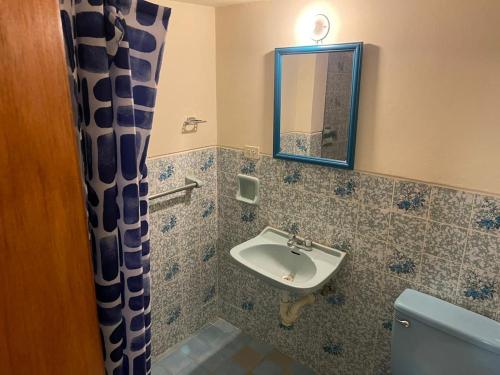 ein Badezimmer mit einem Waschbecken, einem WC und einem Spiegel in der Unterkunft Entre Cava y Cata in Ica