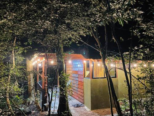 a cabin in the woods at night with lights at Cabañas La Montaña in Monteverde Costa Rica