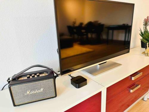 a television on a counter with a radio on it at Dschungel in BaLi 72qm Ferienwohnung im Zentrum in Bad Lippspringe
