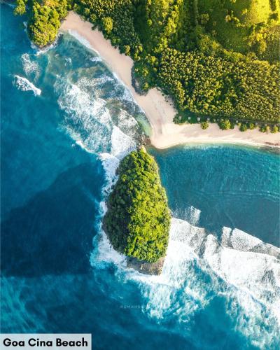 an aerial view of a beach with trees and water at Swiss-Belinn Malang in Malang