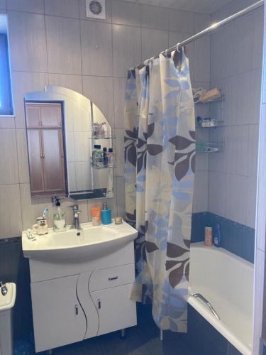 een badkamer met een wastafel en een douchegordijn bij Собственный дом в фруктовом саду 