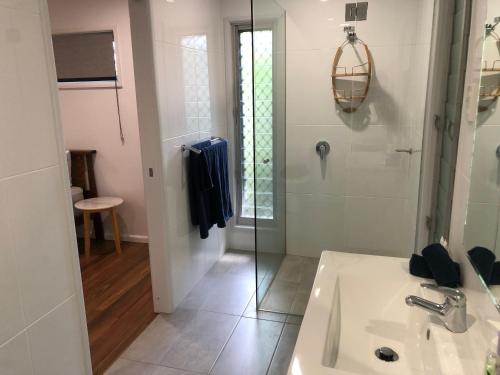 La salle de bains est pourvue d'un lavabo et d'une douche en verre. dans l'établissement Endeavour Reach, à Cooktown