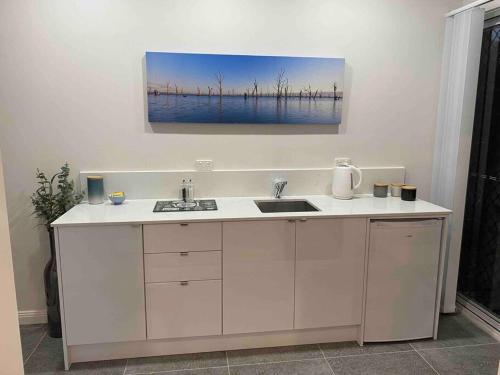 a kitchen with a sink and a painting on the wall at Sunbird Studio Apartment: private apartment walking distance from the beach in Trinity Beach