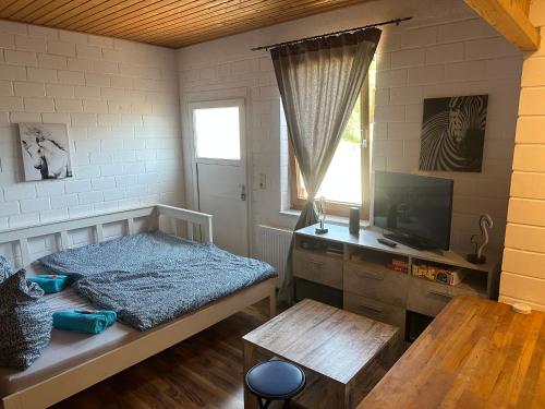 - une chambre avec un lit, une télévision et une table dans l'établissement FeWo im Reit- und Ponyparadies Roos, à Halle