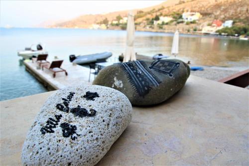 two rocks with a dog pawprints on them sitting on a table at Symi . VILLA CALME (Sur la Mer). in Symi