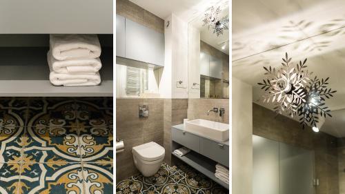 3 Bilder eines Badezimmers mit Waschbecken und WC in der Unterkunft Apartament Ap94 in Danzig