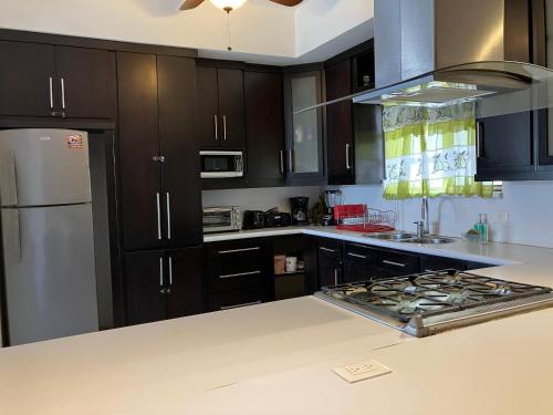 a kitchen with black cabinets and a white refrigerator at PB 2 recamaras, alberca y futbolito in San Carlos