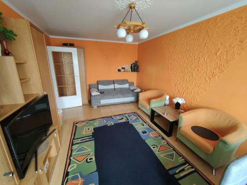 een woonkamer met een bank en een televisie bij Słoneczny Apartament in Szczecinek