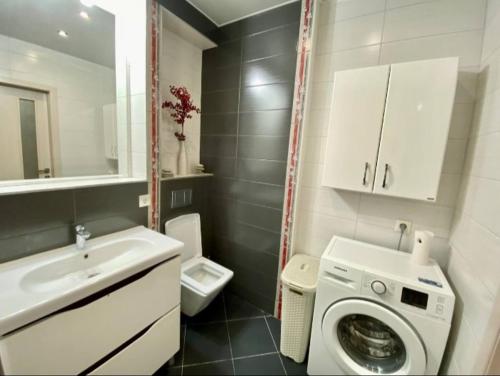 a bathroom with a washing machine and a sink at Apartament Panoramic ALBA IULIA in Chişinău