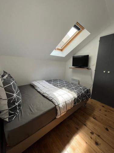 a bedroom with a bed and a television in it at Logement au coeur de dole in Dole