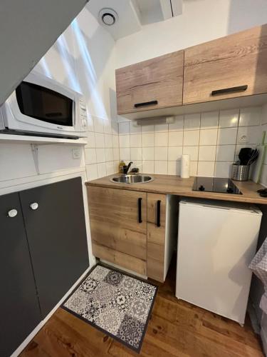 a small kitchen with a sink and a microwave at Logement au coeur de dole in Dole