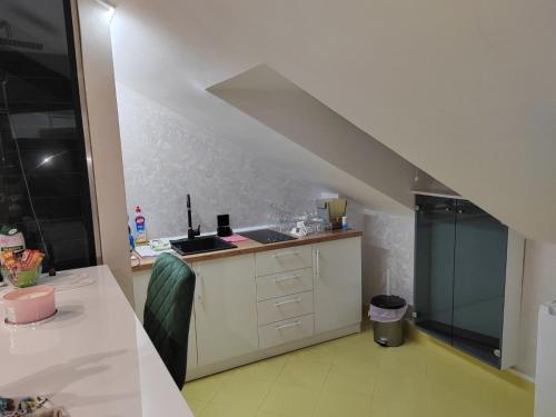 a kitchen with a sink and a counter top at Hedonic Wellness Apartmani in Niš