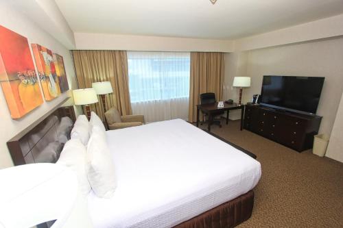 a hotel room with a bed and a flat screen tv at Crowne Plaza Leon by IHG in León