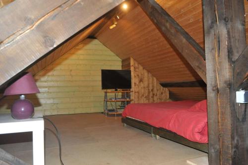 - une chambre mansardée avec un lit et une télévision dans l'établissement Grand appartement au centre du village minimum 2 nuits, à Autrans