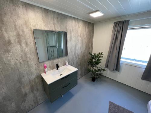 a bathroom with a sink and a mirror at Old fisherman's house with 4 bedroom in Gryllefjord