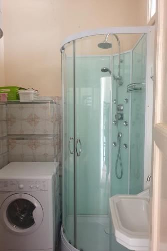 une salle de bain avec douche et machine à laver dans l'établissement Appartement Châlet de la Pique, à Montauban-de-Luchon