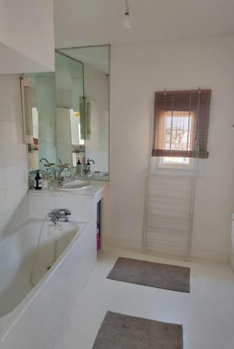 une salle de bain avec une baignoire, un lavabo et un miroir dans l'établissement Superbe T3 terrasse avec vue Centre historique, à Montpellier