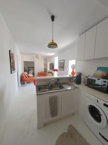 une cuisine avec un évier et un lave-vaisselle dans l'établissement Superbe T3 terrasse avec vue Centre historique, à Montpellier