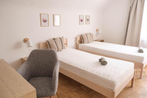 uma sala de estar com duas camas e uma cadeira em Bantle Pension Gästehaus Ravensburg em Ravensburg