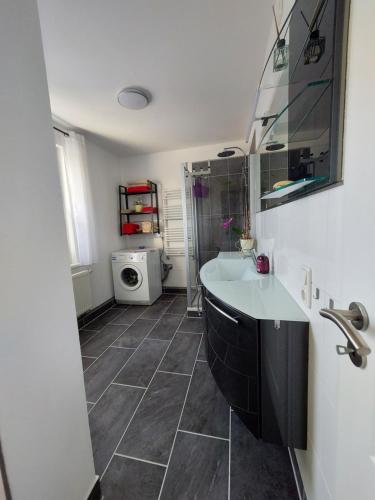 a bathroom with a sink and a shower at Ferienwohnung Paul Hille in Dresden