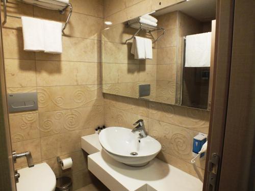 a bathroom with a sink and a toilet and a mirror at Colonia Park Otel in Şebinkarahisar